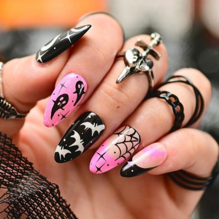 Pink-and-Black-Halloween-Nail-Design
